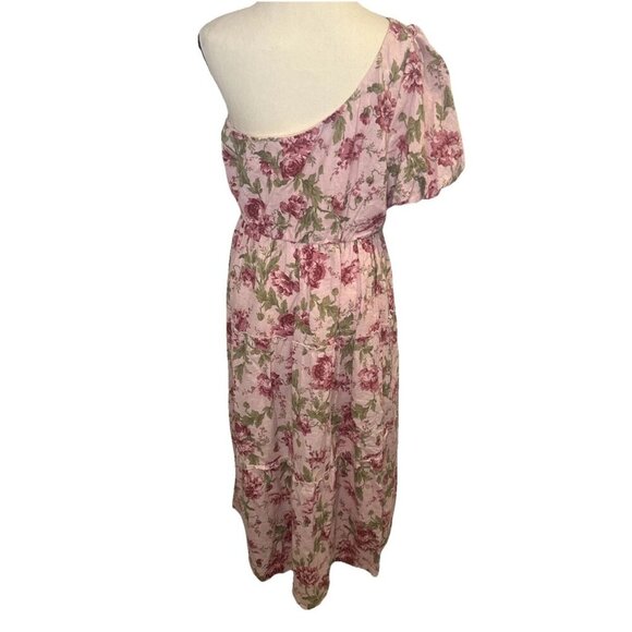 SHOW ME YOUR MUMU Deluca Pink Floral One Shoulder Linen Blend Tiered Dress Sz XL - Picture 4 of 9